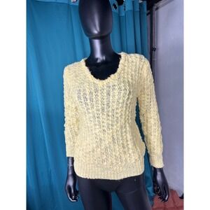 Mister Noah  Vintage Yellow V-Neck Textured Knit Sweater Cozy Retro Pullover M